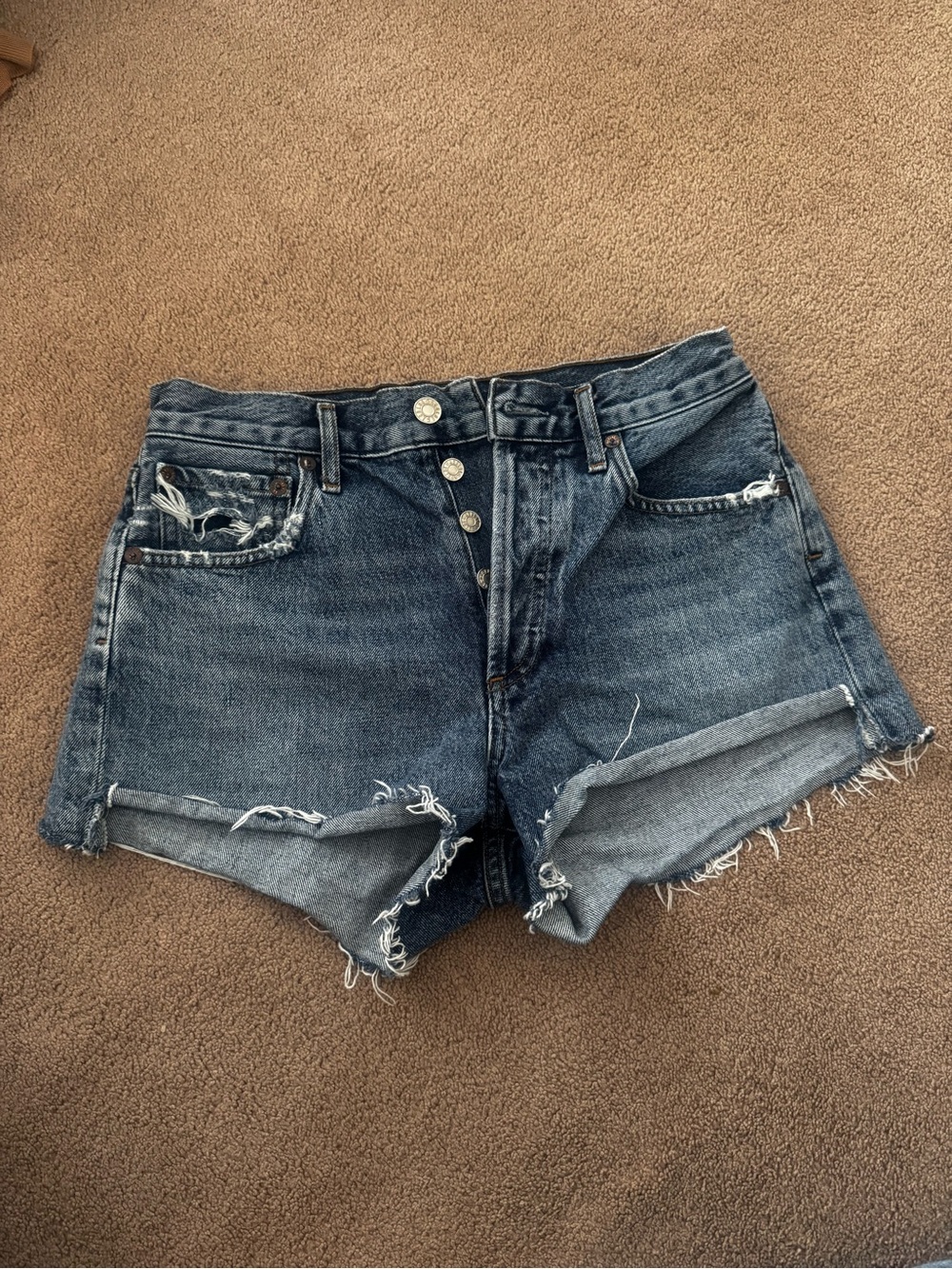 Agolde Dark Blue Distressed Button-Fly Denim Shorts